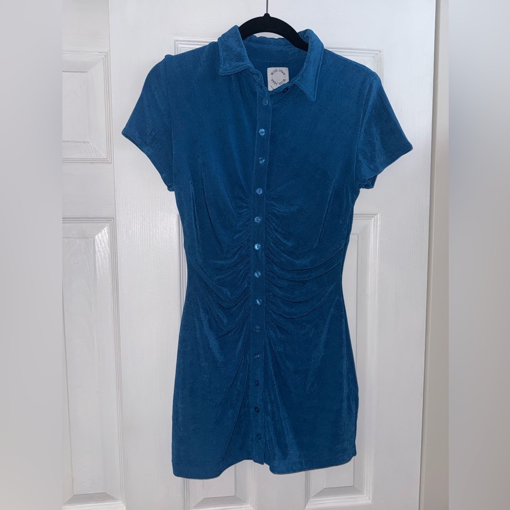 With Jean Teal Textured Button-Up short sleeve mini dress
